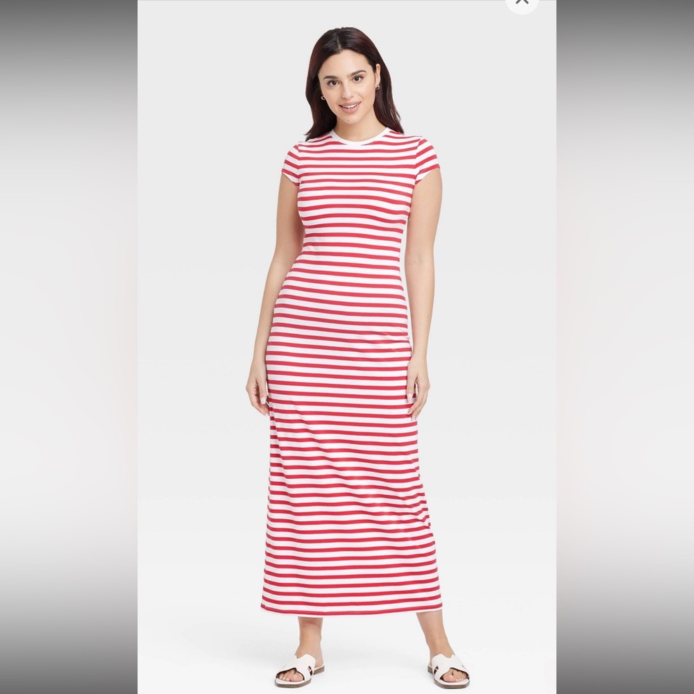 Red White striped maxi tee dress
